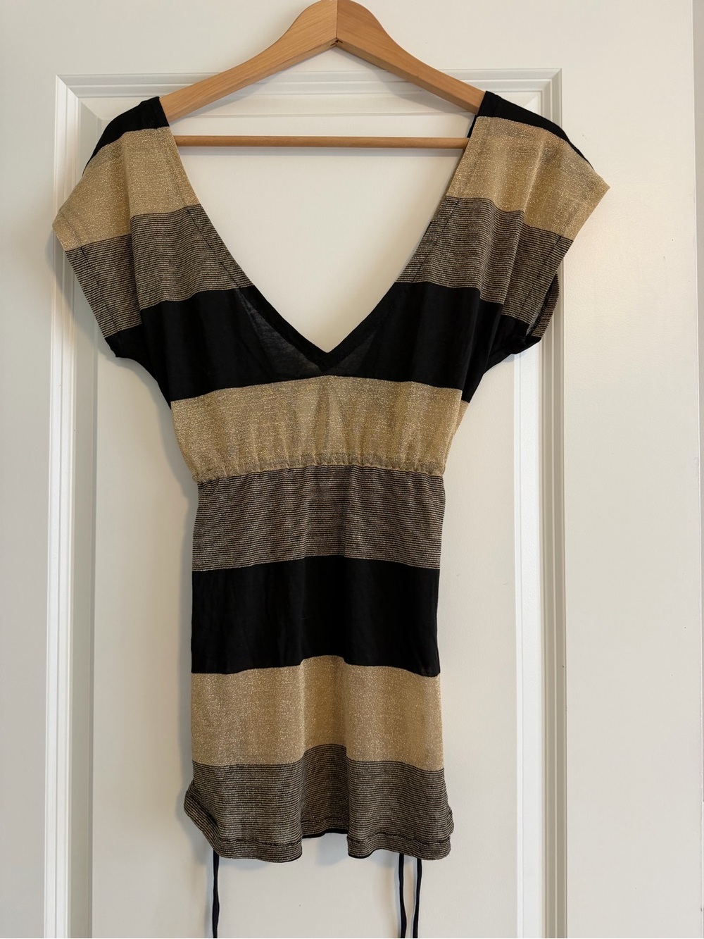 Luli Fama Black and Gold Striped V-Neck Swim Coverup Tunic
